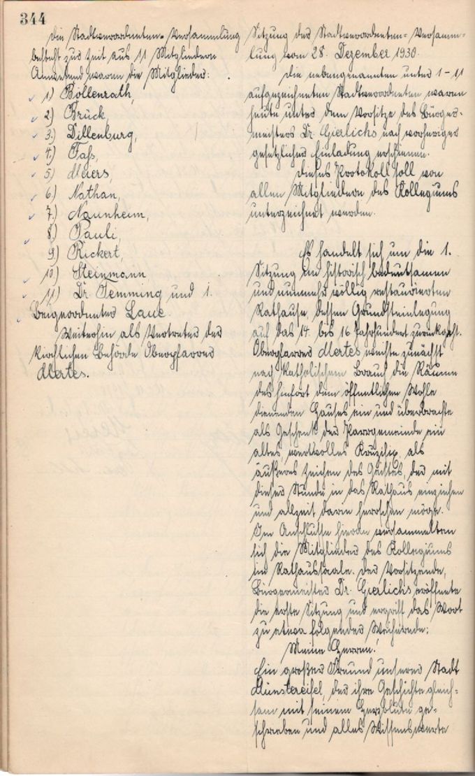 Das Bild zeigt die erste Seite des Ratsprotokolls vom 28.12.1930