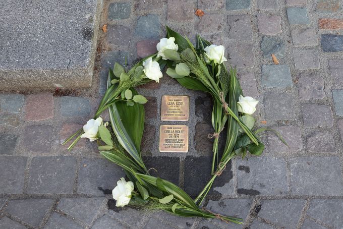 Sechs weiße Blumen mit grünen Stielen liegen im Kreis um die Stolpersteine.