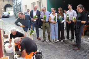 Auf einer Kopfsteinpflastergasse in der Altstadt stehen mehrere Menschen mit weißen Rosen in den Händen und blicken nach unten. Links knien zwei Männer in orangefarbener Warnkleidung am Boden und verlegen die Stolpersteine im Pflaster..