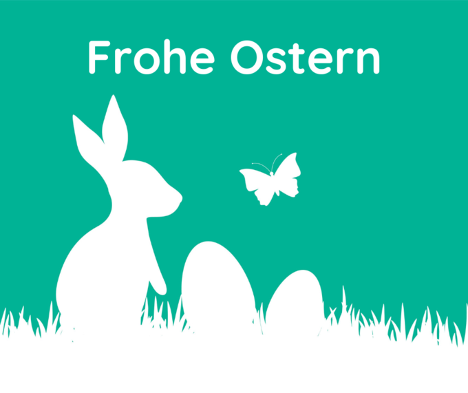Schattenriss eine weißen Osterhasen mit Gras und Ostereiern vor weißem Hintergrund