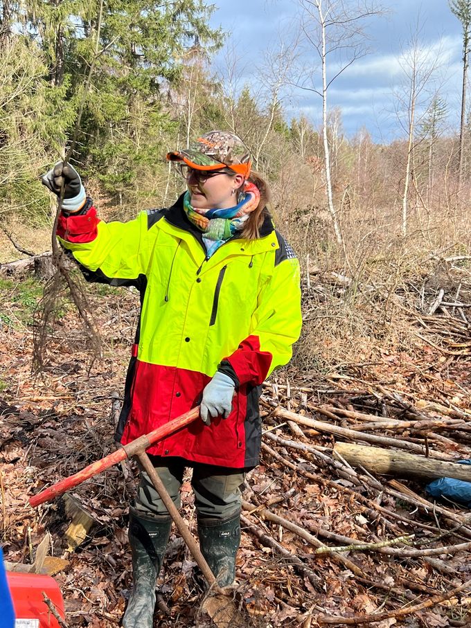 Försterin Julia Bongartz hält einen entwurzelten kleinen Baum in der Hand