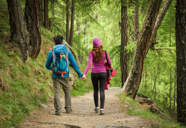 Das Bild zeigt ein wanderndes Paar auf einem Waldweg